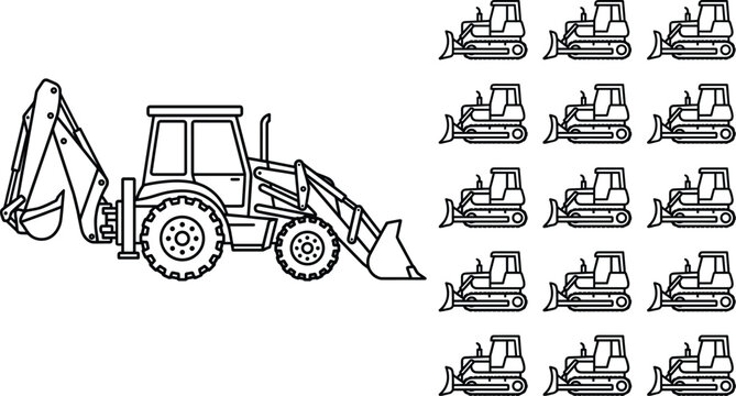 Backhoe Loader and Bulldozer Outline Icons Collection Featuring Construction Equipment Symbols for Engineering and Infrastructure Projects