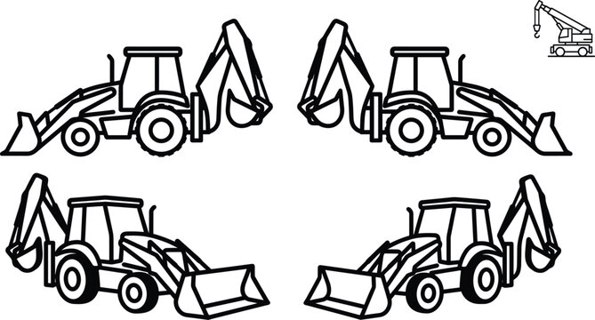 Backhoe Loader Construction Vehicle Illustration Set with Multiple Angles and Heavy Equipment Design for Engineering Projects