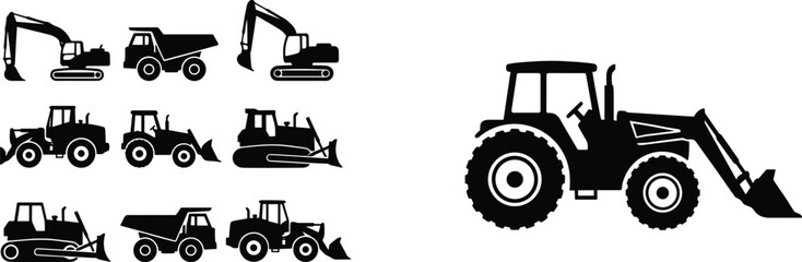 Heavy Construction Machinery Silhouette Collection Featuring Tractor Loader, Excavator, Bulldozer and Dump Truck Equipment Icons Set © RIFAT
