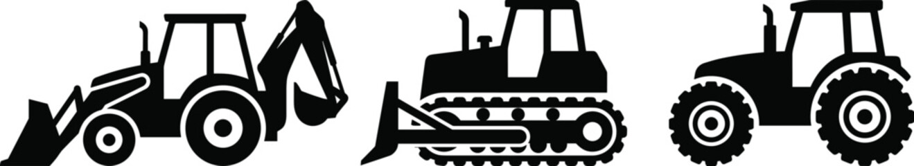 Heavy Equipment Silhouette Set Featuring Backhoe Loader, Bulldozer and Agricultural Tractor for Construction and Farming Applications © RIFAT