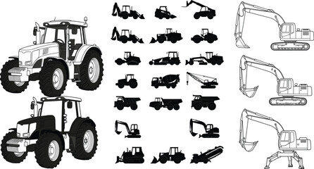 Heavy Construction Machinery Collection Featuring Tractors Excavators Dump Trucks Cranes and Earthmoving Equipment for Engineering Projects © RIFAT