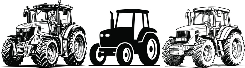 Modern Agricultural Tractor Collection Illustration with Detailed Farm Machinery and Silhouette Design for Farming Equipment Concepts © RIFAT