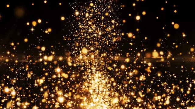 Dynamic golden sparkle explosion studio video footage dark environment close-up view visual art concept