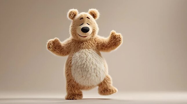 Cute cartoon bear dancing with joyful expression on beige background