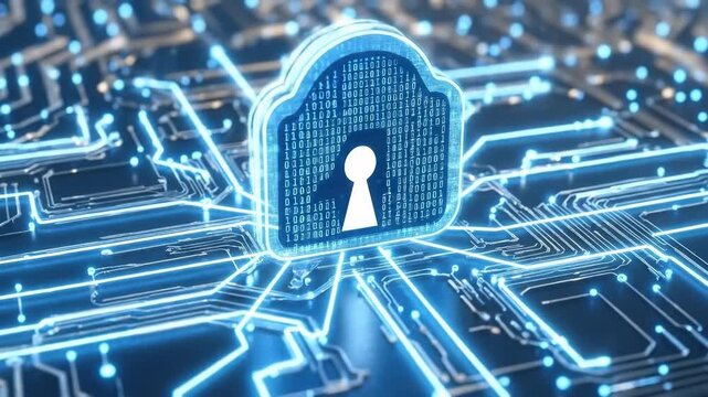 Digital cloud security lock with binary code on glowing circuit board pathways, representing cybersecurity and data protection concept