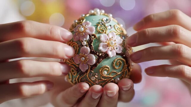 Hands work to adorn decorative egg with intricate floral patterns and shiny embellishments. Bright background setting enhances festive feel. Concept of crafts, holidays, celebrations