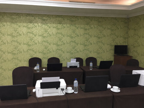 Empty training room with laptops and office equipment