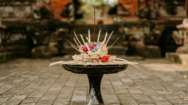 Traditional Balinese canang sari offering with burning incense sticks in a temple