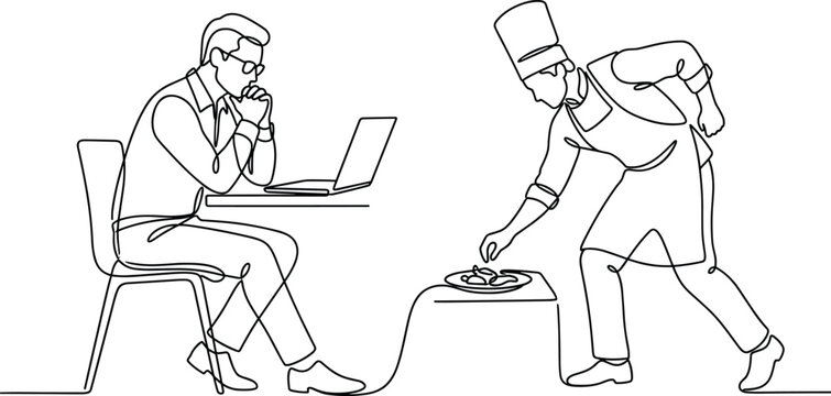 Continuous Line Art Vector of Chef Serving Food to Businessman Working on Laptop at Restaurant Table for Hospitality and Business Dining Designs