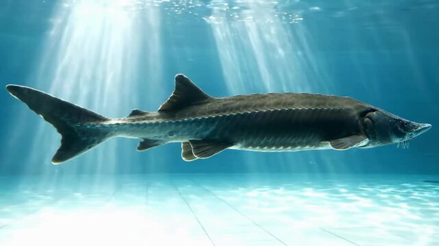 Swimming sturgeon display underwater aquarium marine life photography illuminated water side view aquatic ecosystem