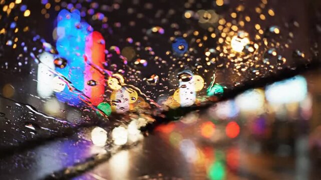 Rainy night city lights view through a windshield with wiper blades in bokeh background