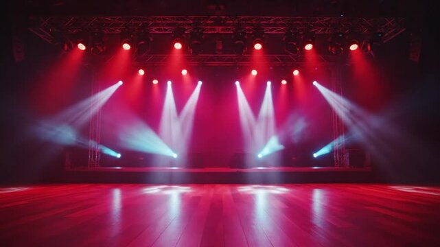 Empty stage with red and white spotlights, concert venue with wooden floor, performance background