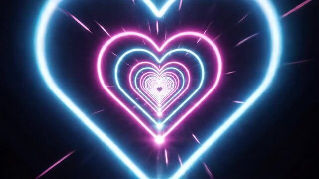 Abstract heart tunnel neon lights endless passage animation for love and romance background