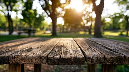 Fototapeta premium Sunlit Wooden Table Tops in Park at Late Afternoon