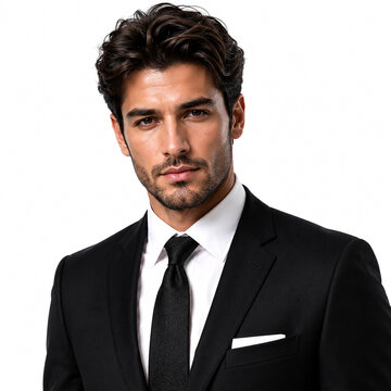 Handsome young professional man wearing a sharp black suit white shirt and tie poses confidently looking at the camera