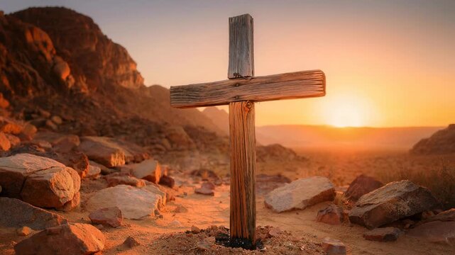 Weathered wooden cross on rocky desert hill under serene sky landscape