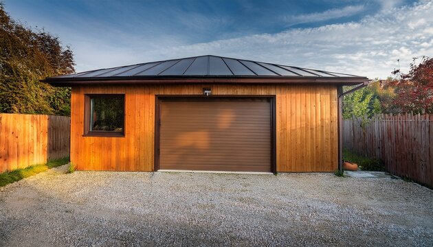 a small wooden building with a garage door