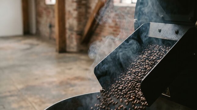 Roasted coffee beans falling from a roaster machine with smoke in an industrial brick warehouse featuring copy space for artisan roastery and cafe concepts