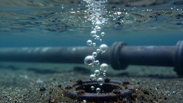 Close-up of a rusted industrial pipe leaking gas bubble on the seabed. This underwater pollution scene highlights environmental risk and ecological damage in the ocean