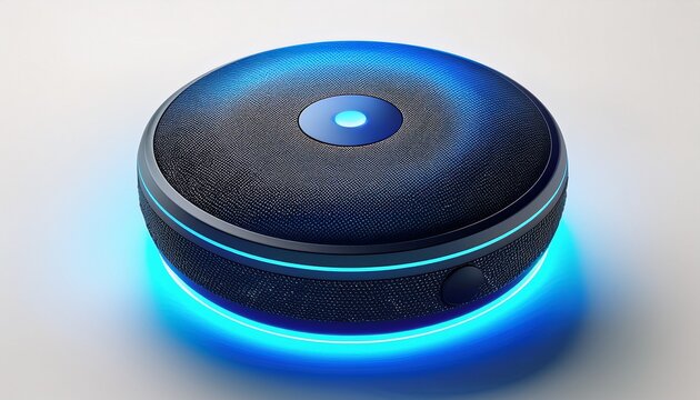 echo dot voice controlled speaker with blue neon activated voice recognition on white background