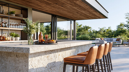 Fototapeta premium Close-up of a modern bar with stone counter, wood ceiling and leather stools overlooking an outdoor patio, Texas landscape bar concept, stone bar photography, interior patio view
