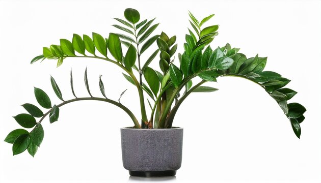 lush green zz plant zamioculcas zamiifolia in a modern grey pot cut out stock png isolated on white background