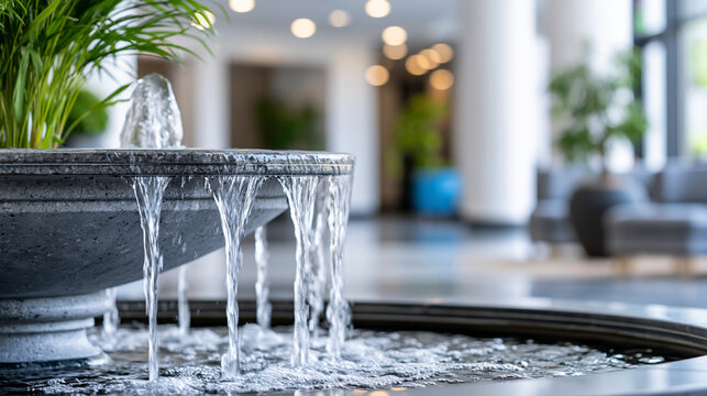Close-up of a modern office lobby with a grand fountain and elegant lighting, lobby fountain concept, indoor fountain photography, corporate interior visualization, defocused