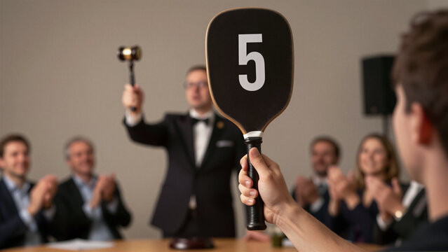 A hand holds a black auction paddle with the number five during a bidding event. A professional auctioneer in a tuxedo raises a gavel while the audience claps in the background