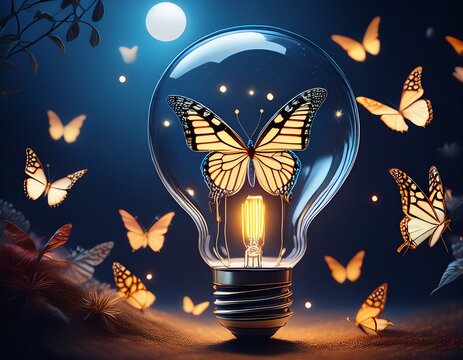 night butterflies fly light bulbs created with generative ai technology