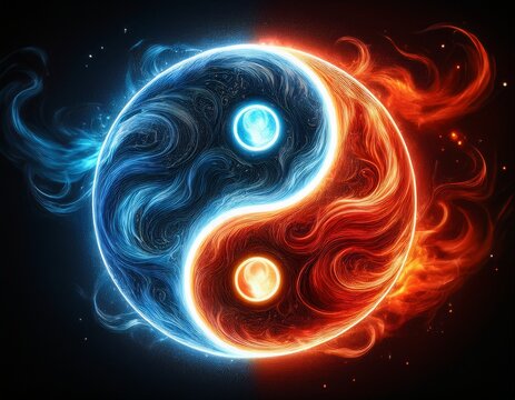 yin yang or tai chi symbol made of red and blue fire on black background created with generative ai technology