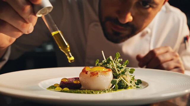 Professional chef meticulously drizzles finishing oil onto a gourmet scallop dish, showcasing culinary artistry and precise plating in a fine dining setting