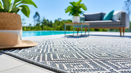 Fototapeta premium Close-up of a modern outdoor rug near a pool and sofa with abstract pattern on backyard tiles, poolside decor concept, outdoor rug photography, contemporary patio visualization,