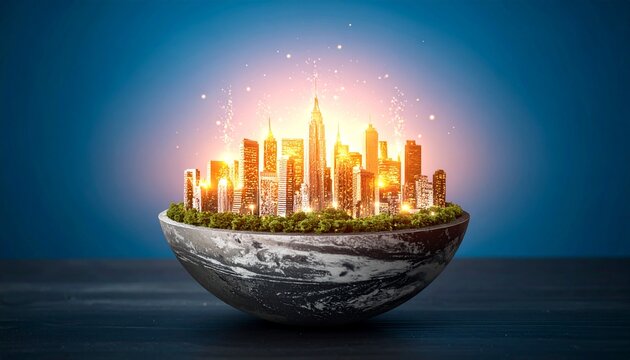 Glowing City Inside Metallic Half-Sphere Representing Urban Energy and Innovation