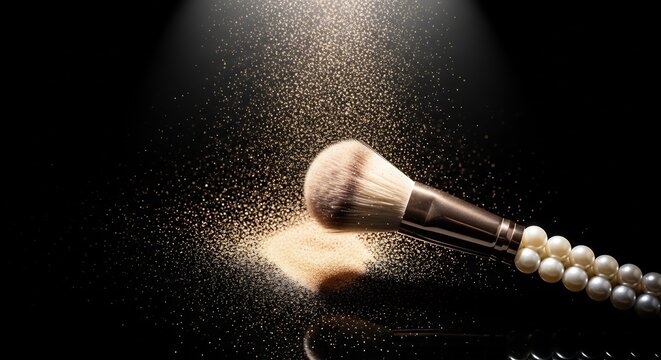 Close-up of a makeup brush dusting shimmering powder in dramatic lighting.