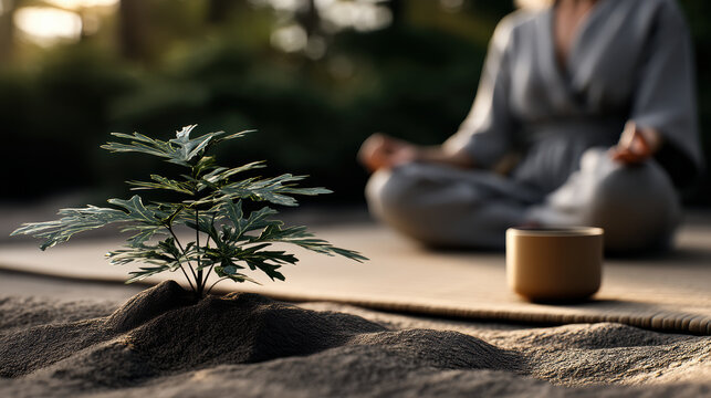 Mini oak tree growing from rich soil, person meditating outdoors, peaceful atmosphere, morning light, nature, mindfulness
