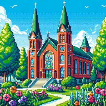 Retro 16-bit style church cathedral with twin steeples and stained glass