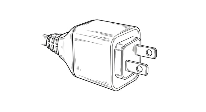 A black and white line art sketch shows a charging adapter plug with prongs on a white background.