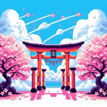Pixel art Japanese Torii gate with blooming cherry blossom trees