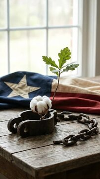 Old iron shackle, containing cotton plant and oak sapling, depicting Juneteenth, Freedom Day, Liberation, Emancipation, U.S. federal holiday commemorating emancipation of slaves, United States.