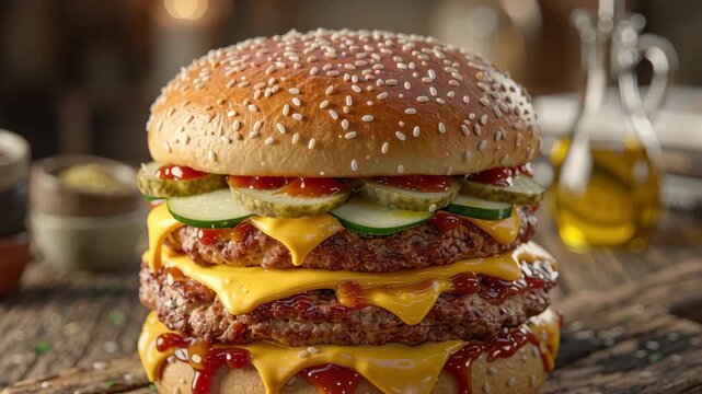 A mouth-watering, juicy double cheeseburger, perfectly constructed with two thick, flame-grilled beef patties, melted American cheese, crisp pickle slices, and generous drizzles of ketchup, all nestle