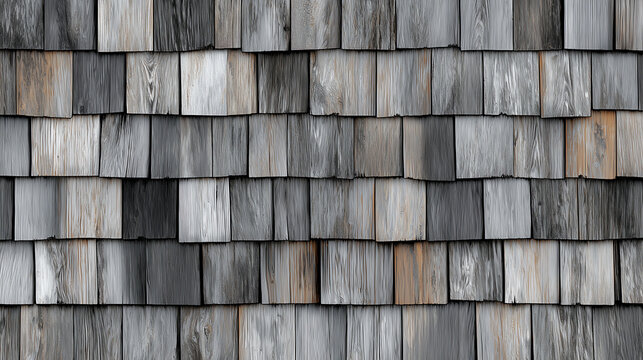 Neat overlapping rows of weathered cedar shake shingles in silver grey aged wood with warm golden highlights