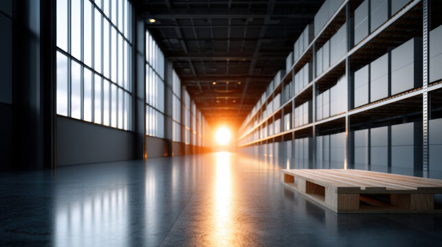 Modern warehouse interior with sunlight streaming through large windows, empty pallet polished floor, industrial shelving, spacious and organized
