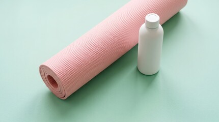 Obraz premium Clean wellness composition featuring a rolled pink yoga mat and reusable bottle on a pastel background.
