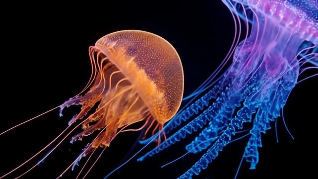 Vibrant jellyfish in deep water with illuminated bioluminescent details