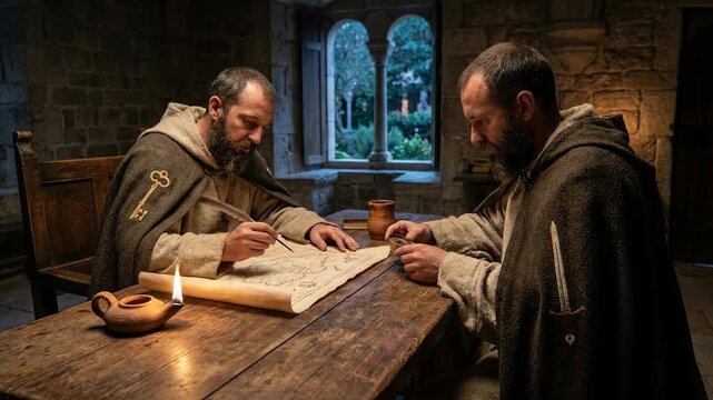 Saints Peter and Paul, religious figures intently writing a scroll with a feather quill, studying an ancient map, working at a rustic wooden table in a dimly lit medieval stone chamber.