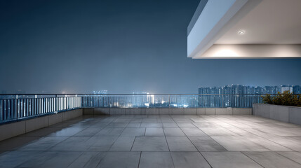 Obraz premium Empty rooftop at night with city skyline, modern architecture, spacious tiled floor, urban view, peaceful atmosphere, outdoor lighting