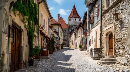 Fototapeta premium Narrow cobblestone street in a historic old town with traditional stone buildings and a distant tower for travel and tourism themes