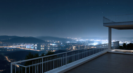 Obraz premium Empty rooftop at night with city lights, modern railing, clear sky, distant hills, peaceful urban landscape, serene atmosphere