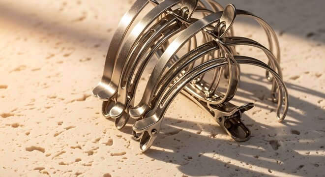 Close up of a metallic robotic hand resting on a textured surface.