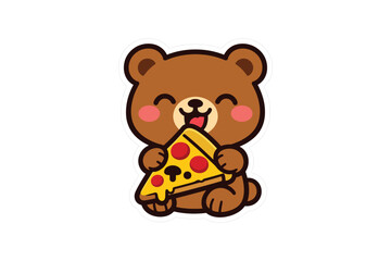 Fototapeta premium Funny Pizza Bear Sticker, Cute Bear Mascot Character, Kawaii Food Animal Cartoon